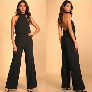 Lulus Moment for Life Black Halter Wide Leg Jumpsuit Backless Crepe Black